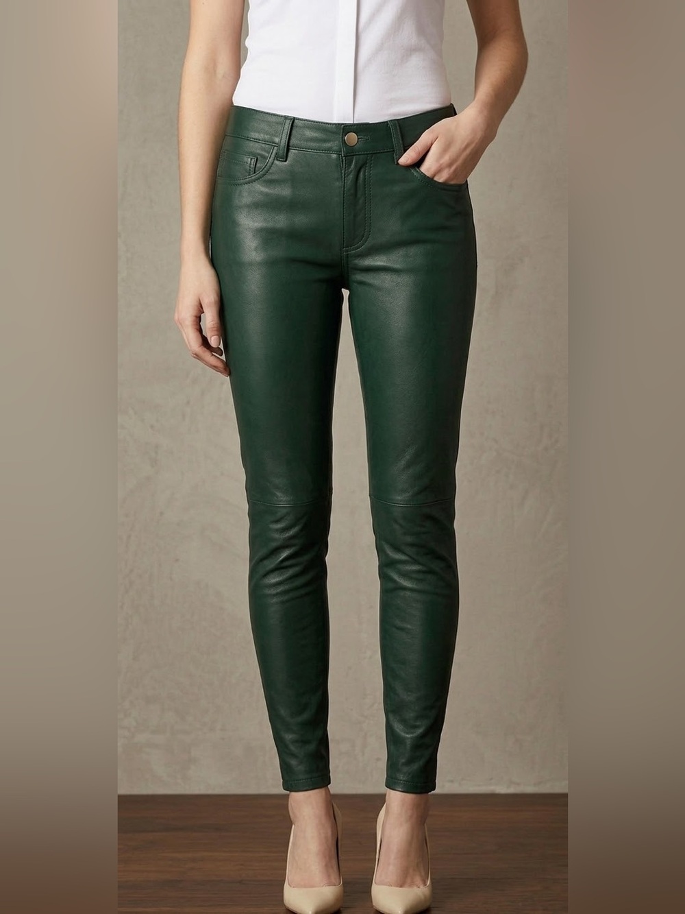 BNWT $700 True Religion Casey Stretch 100% Lamb Leather Low-Rise slim Pants gree